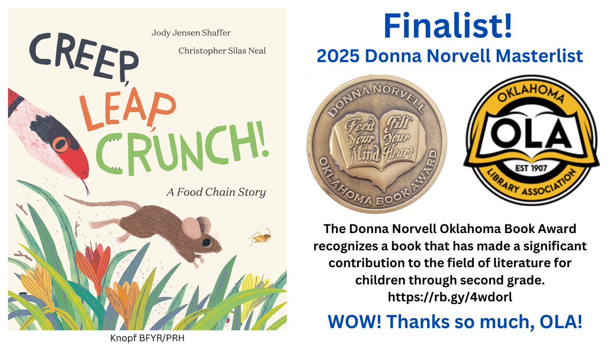 🌞WOW!🌞I'm so honored! My book with @csneal is a finalist for Oklahoma's 2025 Donna Norvell award! Thank you @oklibs! ❤️And congrats to the other great books on the list! rb.gy/4wdorl