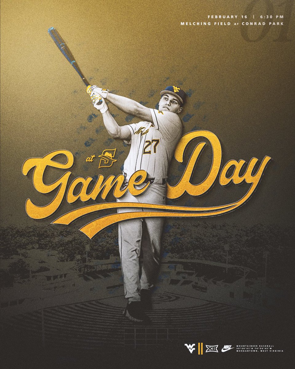 WVUBaseball's tweet photo. Opening Day‼️

🆚Stetson
⌚️6:30 p.m.
📍DeLand, Fla.
🏟️Melching Field at Conrad Park
📊https://t.co/KgwnQL4R2U

#HailWV https://t.co/IzkdtFs6LI