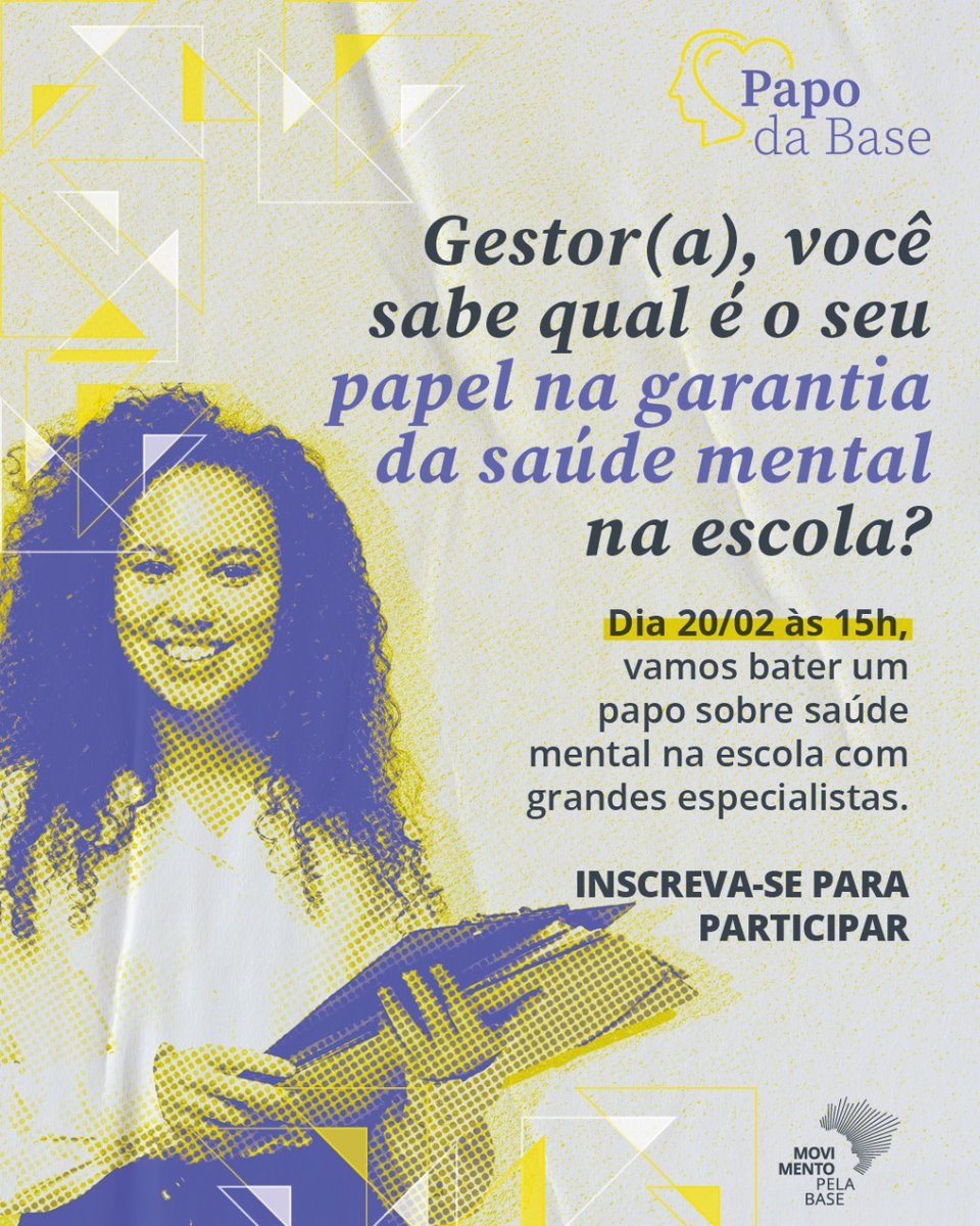 👉  Ei, gestor(a)! Descansou?

O respiro do feriado não basta para garantir a saúde mental de estudantes e professores. E você sabe qual é o seu papel nessa conta?

Participe do Papo da Base sobre saúde mental na escola. É dia 20/2 às 15h.
Cadastre-se já! lu.ma/saude-mental-n…
