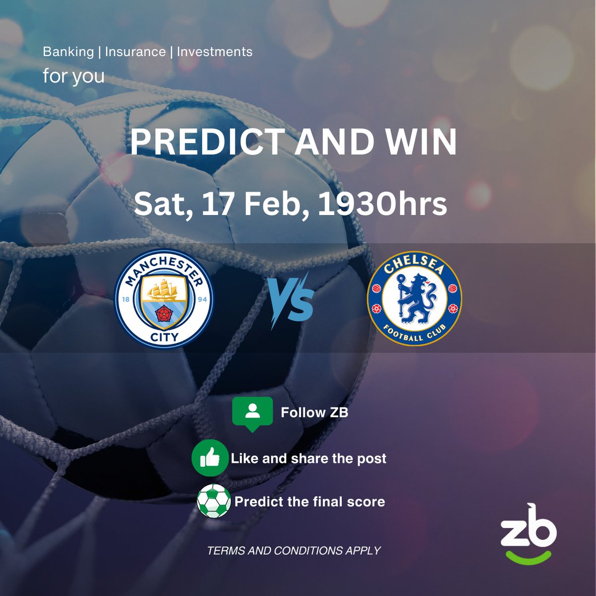 Correctly Predict the final score for Manchester City VS Chelsea before kick-off at 1930hrs on Saturday, 17 February 2023 &amp; stand a chance to win some amazing prizes.

✅Follow, like &amp; share ZB Financial Holdings
✅Predict the Scoreline

#zbforyou #mciche
