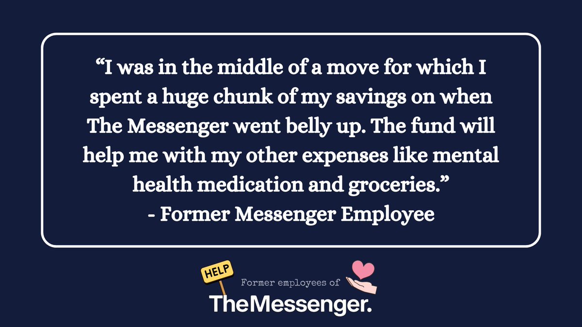 It's almost the end of the month, which means that everyone laid off at @TheMessenger is close to using up their last paycheck. They received no severance or healthcare from the company. Please donate to help those that need it most if you can ❤️‍🩹: gofund.me/f0cc2b97
