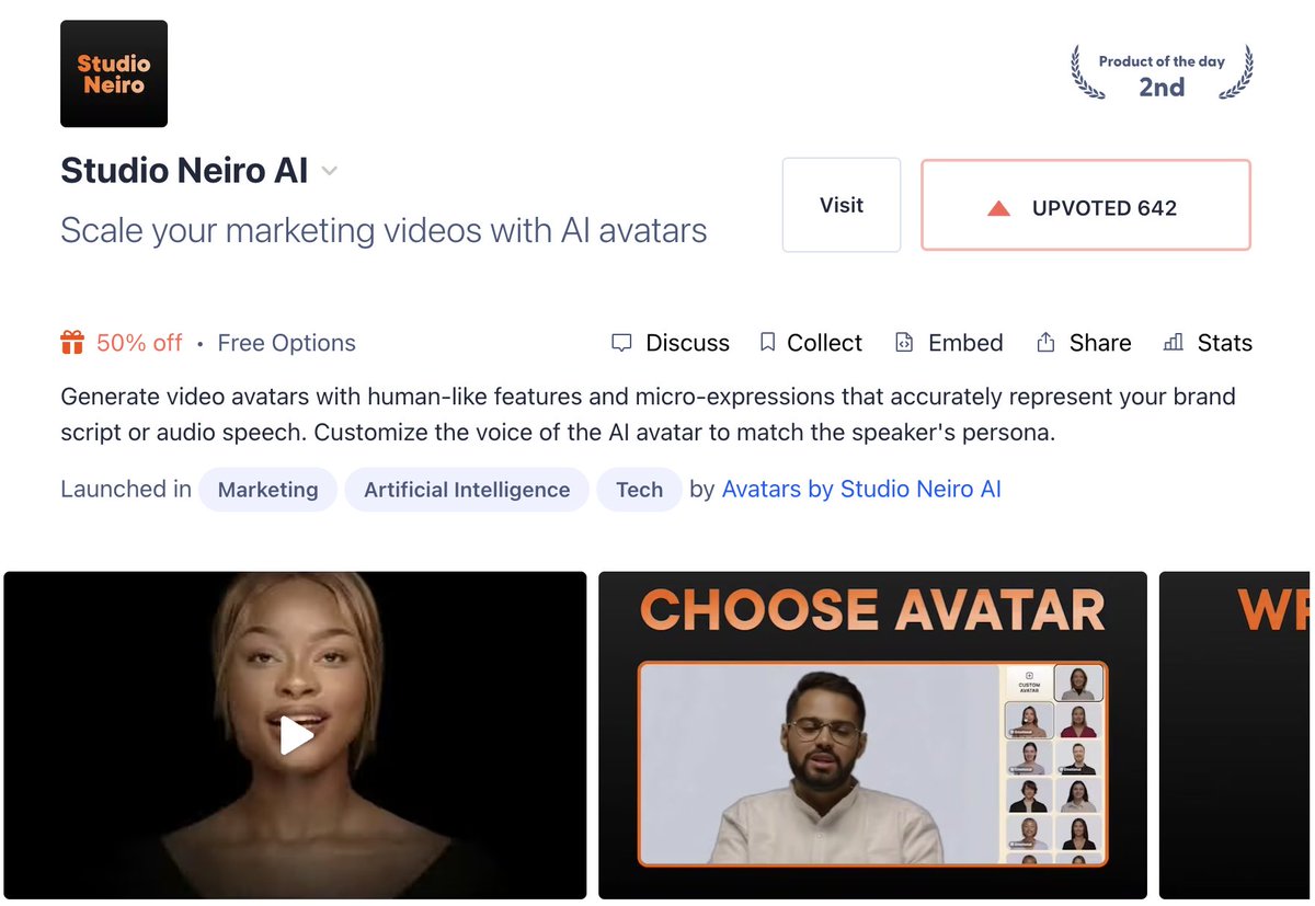 🚀 Exciting news! Our Studio just got named the 2nd Product of the Day on Product Hunt! 🥈 👉producthunt.com/posts/studio-n…👈 Big cheers to our team for their hard work! And huge thanks to our supporters for believing in us. Here's to more success ahead! 🎉 #StudioNeiroAI #ProductHunt