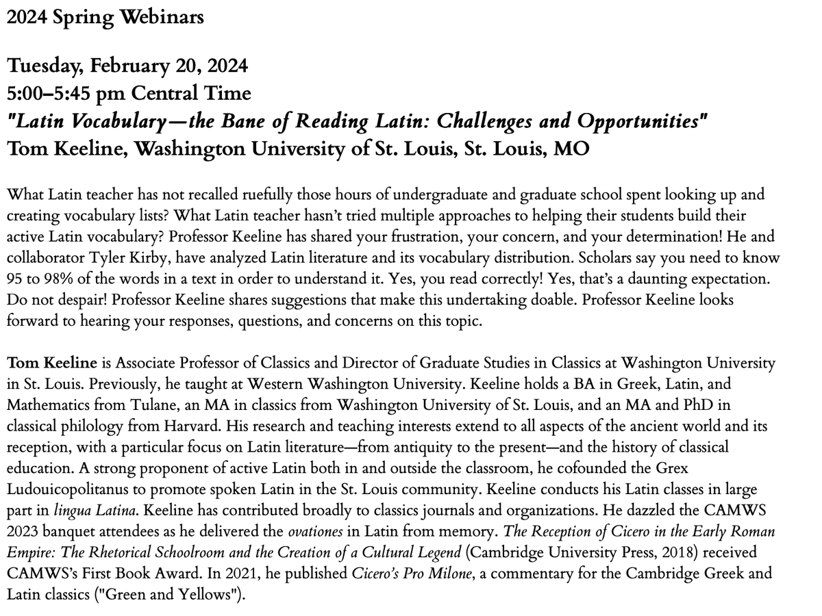 Reminder about our not-to-miss webinar! Learn how teachers should approach vocabulary when reading Latin with students. Data-driven analysis underscores the formidable challenge of vocabulary need to read. 

Sign up directly here: secure.blueoctane.net/forms/2HQYJNYM…