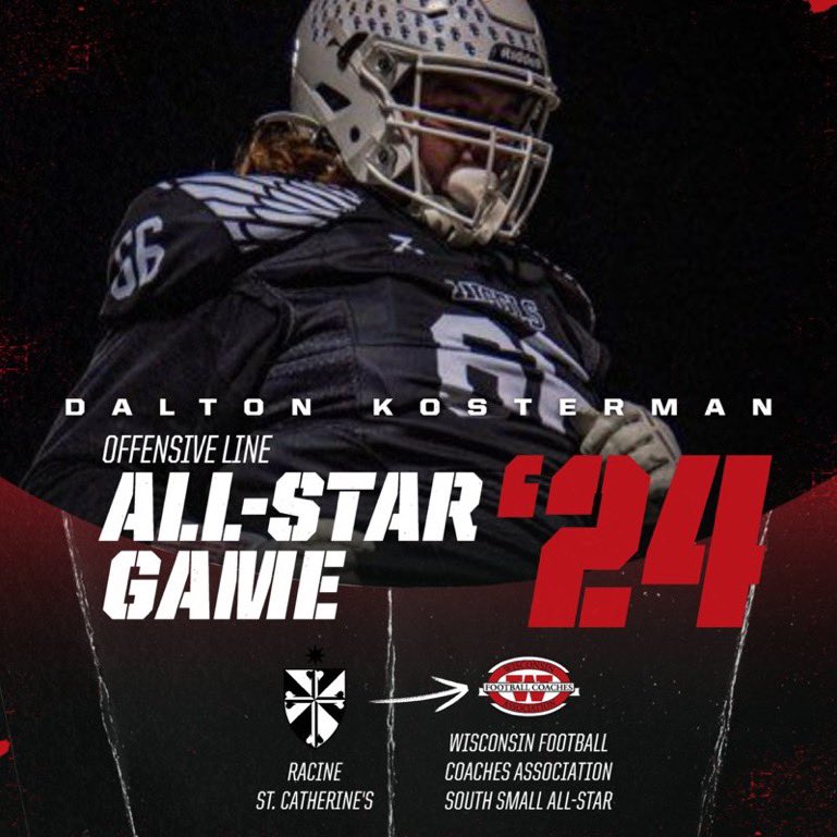 Dalton Kosterman (@daltonkosterman) on Twitter photo Truly grateful and blessed to announce that I will be playing for the south in the 2024 all star game!!⭐️ All glory and thanks to God!!✝️ #AllStar #Wisconsin #HighSchool #Football <a href="/StCatsFootball/">St. Cat's Football</a> <a href="/MatthysJim/">JimMatthys</a> Truly grateful and blessed to announce that I will be playing for the south in the 2024 all star game!!⭐️ All glory and thanks to God!!✝️ #AllStar #Wisconsin #HighSchool #Football <a href="/StCatsFootball/">St. Cat's Football</a> <a href="/MatthysJim/">JimMatthys</a>