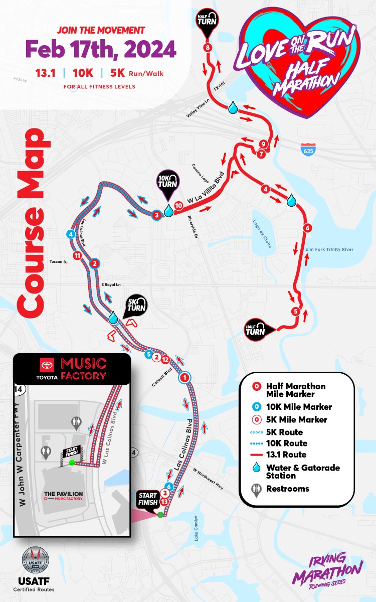 TRAFFIC ALERT: Detours will be in place tomorrow from 7:30 to 11:30 a.m. for the Love on the Run Half Marathon. Detours will affect traffic surrounding Las Colinas and La Villita Boulevards. The race begins and ends at Toyota Music Factory. cityofirving.org/CivicAlerts.as….