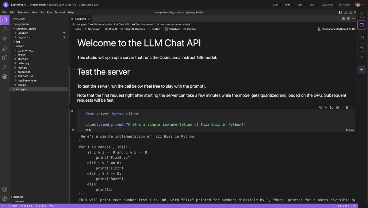 LightningAI's tweet photo. CodeLlama 13B to chatbot with a single API

Run the Studio, customize it, deploy it

https://t.co/vPAcQn58QO https://t.co/G6CE6SMJ4T
