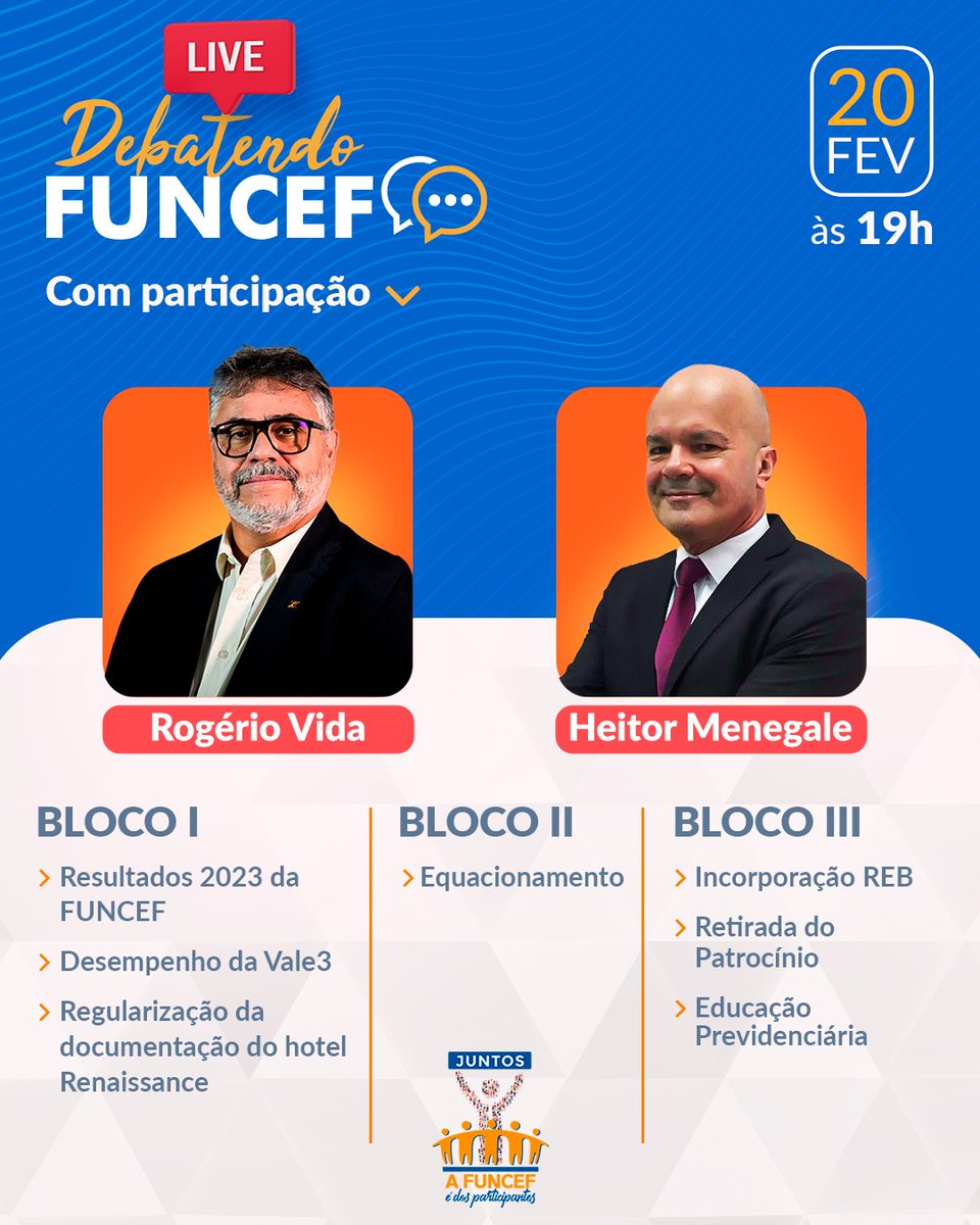 afuncefedospar1's tweet photo. 📣No dia 20/02, às 19h, o encontro é com você, Participante. 

‼️No quadro Debatendo FUNCEF, o Conselheiro Fiscal Eleito da FUNCEF, Heitor Menegale, e Rogério Vida, Diretor Eleito de Administração e Controladoria estarão presentes para sanar dúvidas e trazer informações. https://t.co/Y66MwRveK5