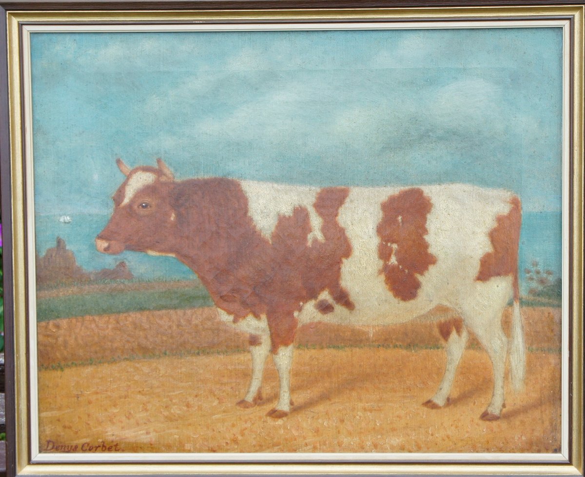 CIAuctions's tweet image. Lot 126. Folk Art - Guernsey cattle painting by Denys Corbet 1826-1909.  easyliveauction.com/channelislands…