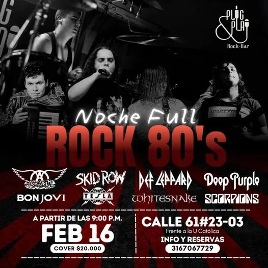#AgendaAlterNativa     
Noche Full Rock 80´s
Febrero 16, 2024
Plug and Play

 #Manizales #PrográmeseHoy #Cultura #PlanCulturalManizales 

Más Info 👇
alternativa.com.co/eventos/noche-…