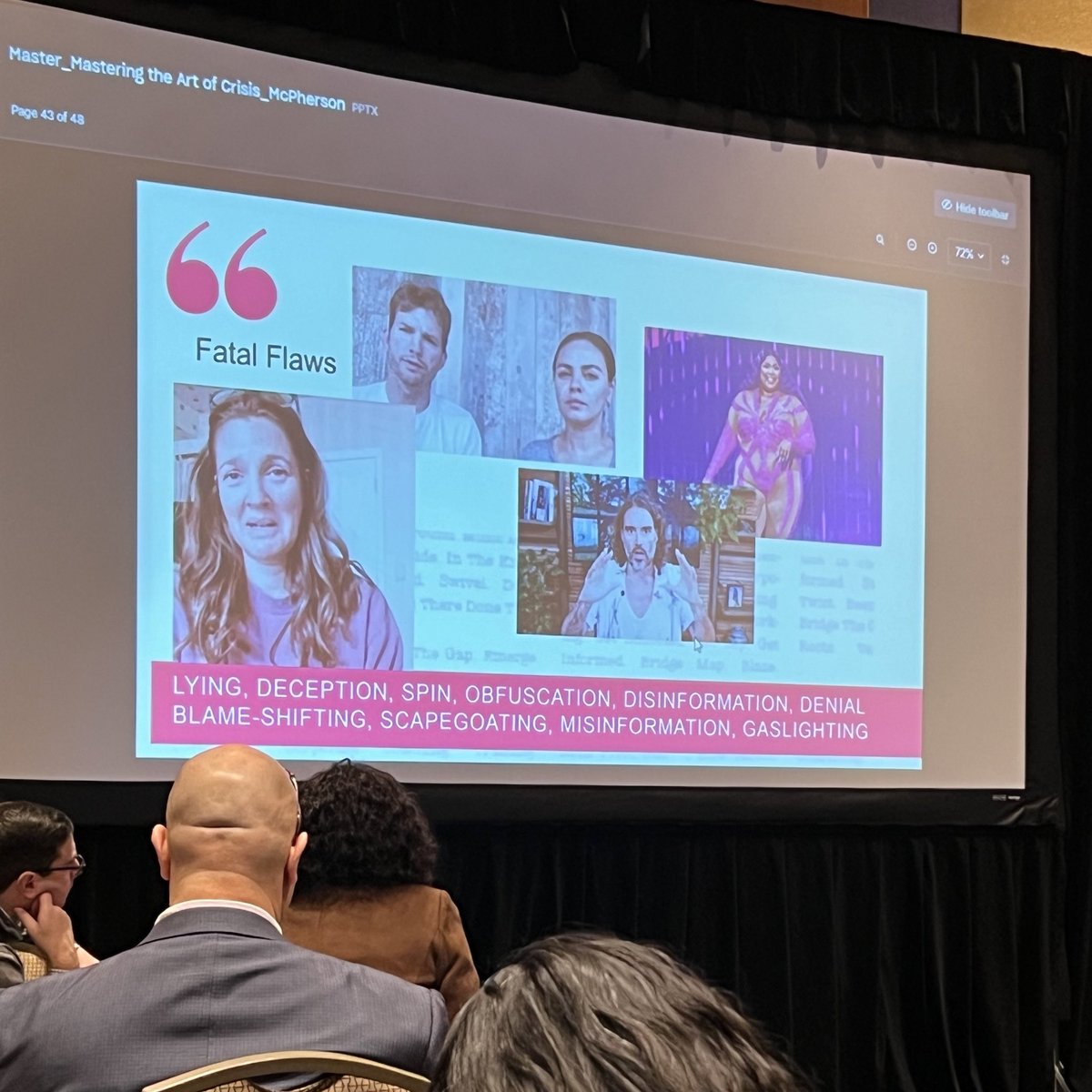 AprilDownSouth's tweet photo. What are the fatal flaws of a bad apology?
❌Lying
❌ Deception
❌ Spin
❌ Obfuscation
❌ Disinformation
❌Denial
❌Blame-shifting
❌Scapegoating
❌Misinformation
❌Gaslighting
Avoid these if you want to maintain public trust.
via @MollyMcPherson
#PRSAGAConf #ANewEra https://t.co/xdrxyehyNV