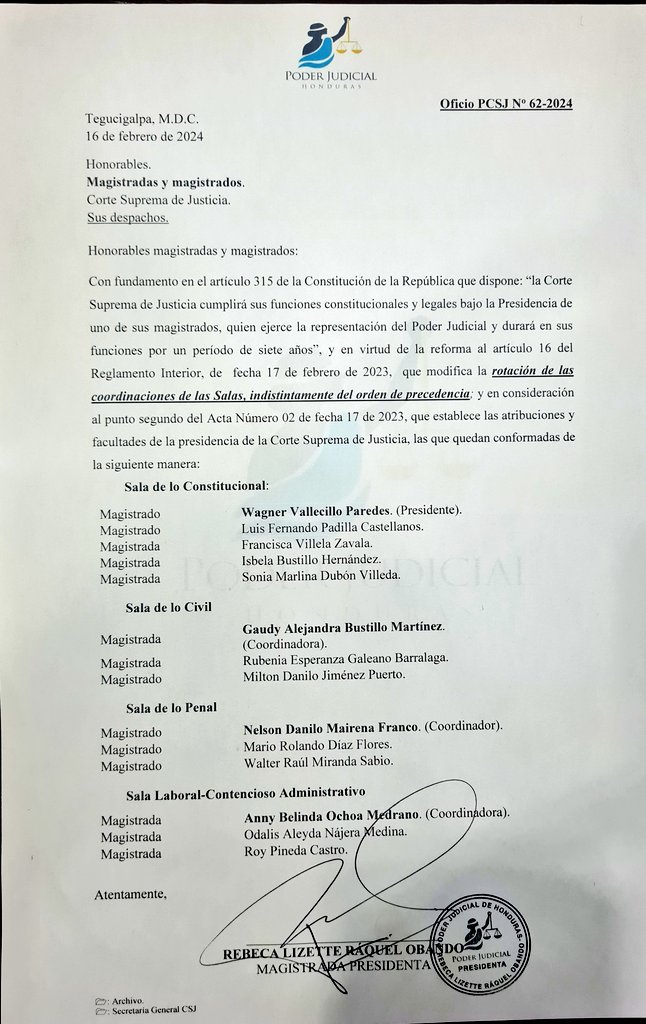 RebecaRaquelO's tweet photo. Como manifesté anteriormente y en aras de acabar con la suspicacia generada, a la población hondureña y a la comunidad internacional, informo:  
Se HA DECRETADO la rotación de la presidencia/coordinación de las cuatro Salas de la #CSJ, atendiendo lo dispuesto en el Reglamento Interior de la #CSJ en su artículo 16, reformado el 17/2/23,  por lo cual las Salas continúan integradas de la misma manera como se aprobó en esa fecha, manteniendo el normal funcionamiento que se ha venido desempeñando.
Las Salas de la #CSJ quedan Presididas y Coordinadas así: