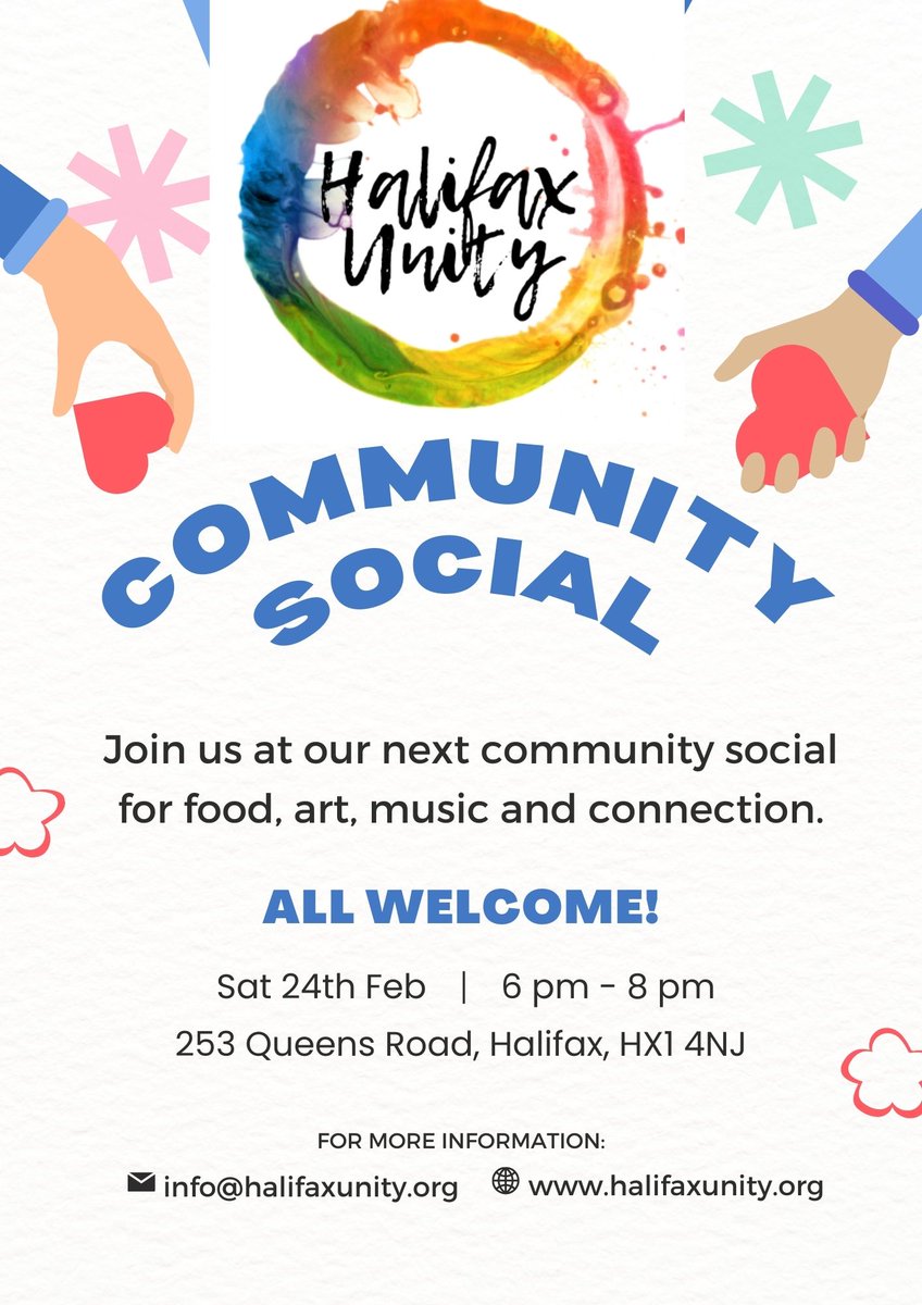 HalifaxUnityCIC's tweet image. We will l hope you can make it along to our community social next Saturday 24th Feb from 6pm. There will be free hot food, music/jam, community art and even some dancing. All welcome. Please spread the word.
#Halifax #Culturedale