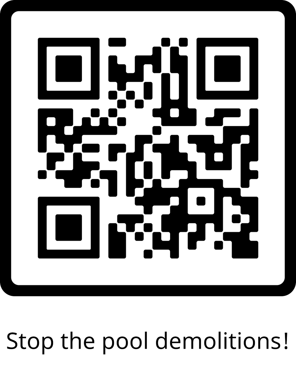 I made a QR code to link to the petition asking Mayor Gillingham and Winnipeg City Council: Please do not demolish Winnipeg Outdoor Pools! If you, like me, want to ask the Mayor and Council to not demolish outdoor pools without replacing them please sign this petition!