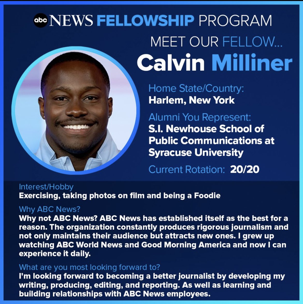 Excited to announce I’ll be joining ABC News as a News Fellow. I am extremely grateful for my support system and everyone who has helped me in my career. God put me here for a reason. And I’m looking forward to learning a ton and making the most of it. Let’s work!