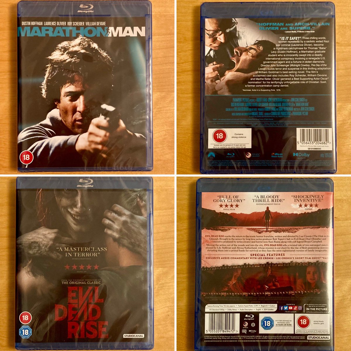 s77tux's tweet photo. #LatestAdditions to my #BlurayCollection are the classic thriller #MarathonMan and recent horror #EvilDeadRise… look forward to rewatch of former, first-watch of latter! #Bluray #PhysicalMedia #KeepDiscsAlive https://t.co/8fnuiukh1n