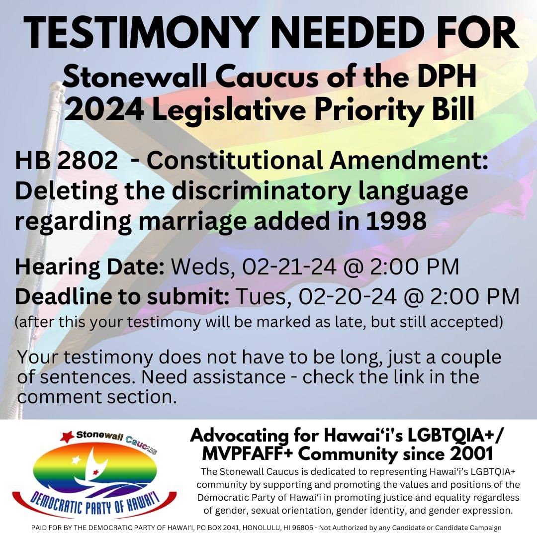 ACTION ALERT! PROTECT MARRIAGE EQUALITY! Resources on submitting testimony: hawaiidemocrats.org/legislative Link to the bill: capitol.hawaii.gov/session/measur… #ProtectMarriageEquality #MarriageEquality #lgbtqiaplus #FightForYourRights #ProtectingFamilies #protecting