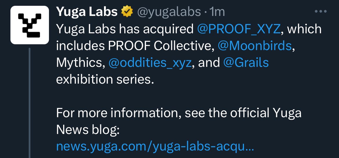 BREAKING: YUGA LABS ACQUIRES PROOF (<a href="/proof_xyz/">PROOF</a>) AND MOONBIRDS (<a href="/moonbirds/">Moonbirds</a>)