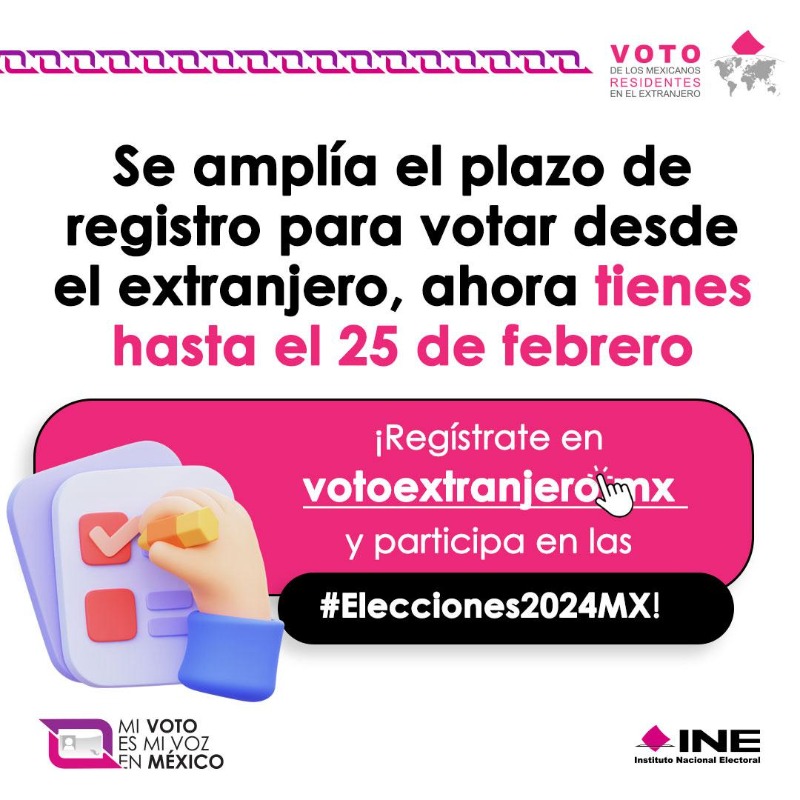 ⚠️⚠️⚠️¡Se amplio la fecha de registro para votar desde el extranjero! ⚠️⚠️⚠️
Ahora podrás hacerlo hasta el 25 de febrero para regístrate y participar en las #Elecciones2024MX. 🗳️Entra ya a y regístrate en 👉votoextranjero.mx