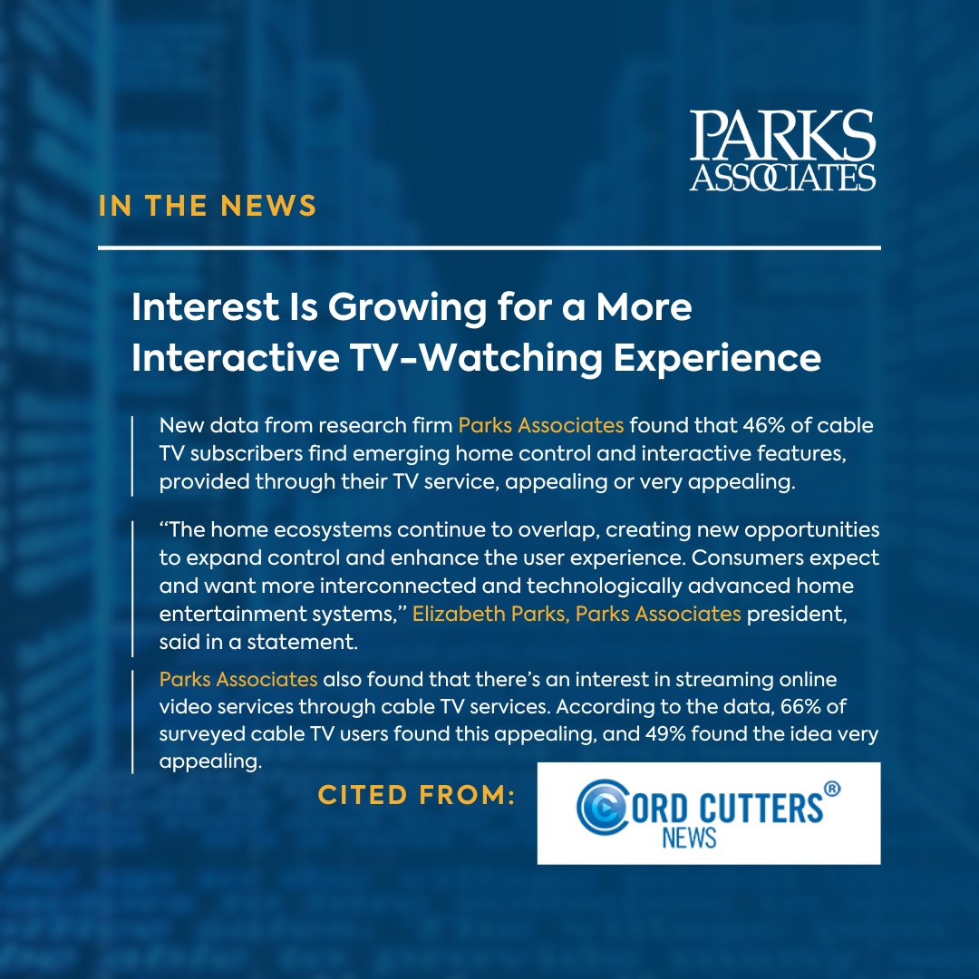 📢 We were cited in a @CordCuttersNews article about the rise in interest in more interactive TV-watching experience by @shelbybrown91!📺💡 🔗Read more: tinyurl.com/4ajy7yfx #parksdata #ParksAssociates #ParksAssociatesInsights #TV #Entertainment #InteractiveExperience