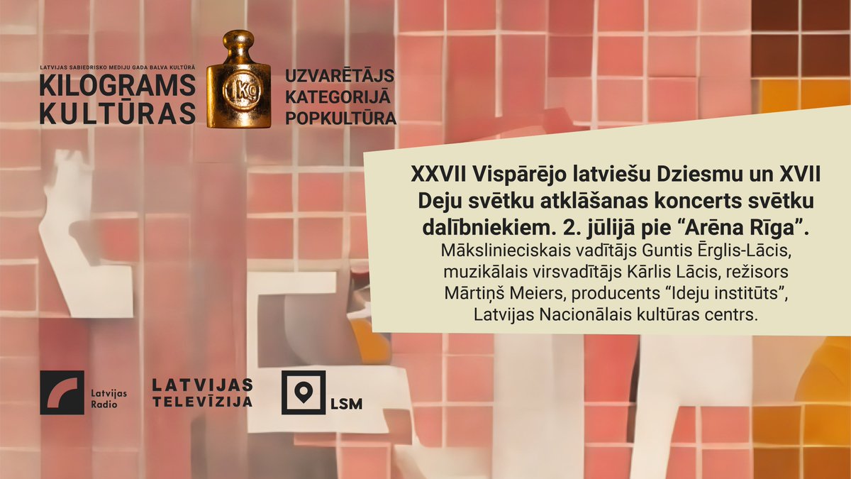 Kategorijā “POPKULTŪRA” balvu saņem Vispārējo latviešu dziesmu un deju svētku atklāšanas koncerts svētku dalībniekiem 2. jūlijā pie “Arēnas Rīga”.

#KilogramsKultūras2023