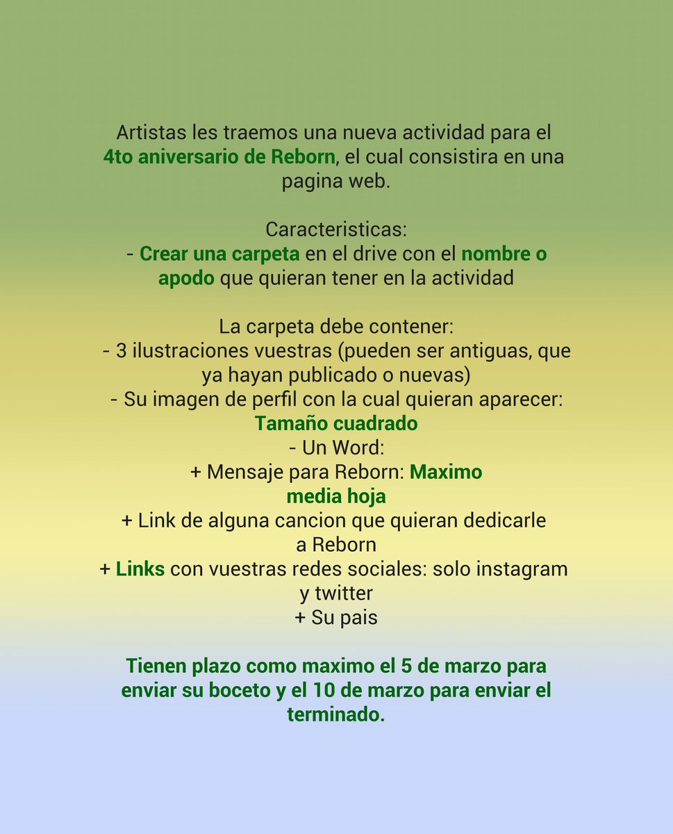 FandomsArtists's tweet image. 📢✨️ Nueva actividad por el 4to aniversario de Reborn 💚💙

Mas info en el discord: discord.gg/k7ESDasH

#FanartsForReborn #Reborn