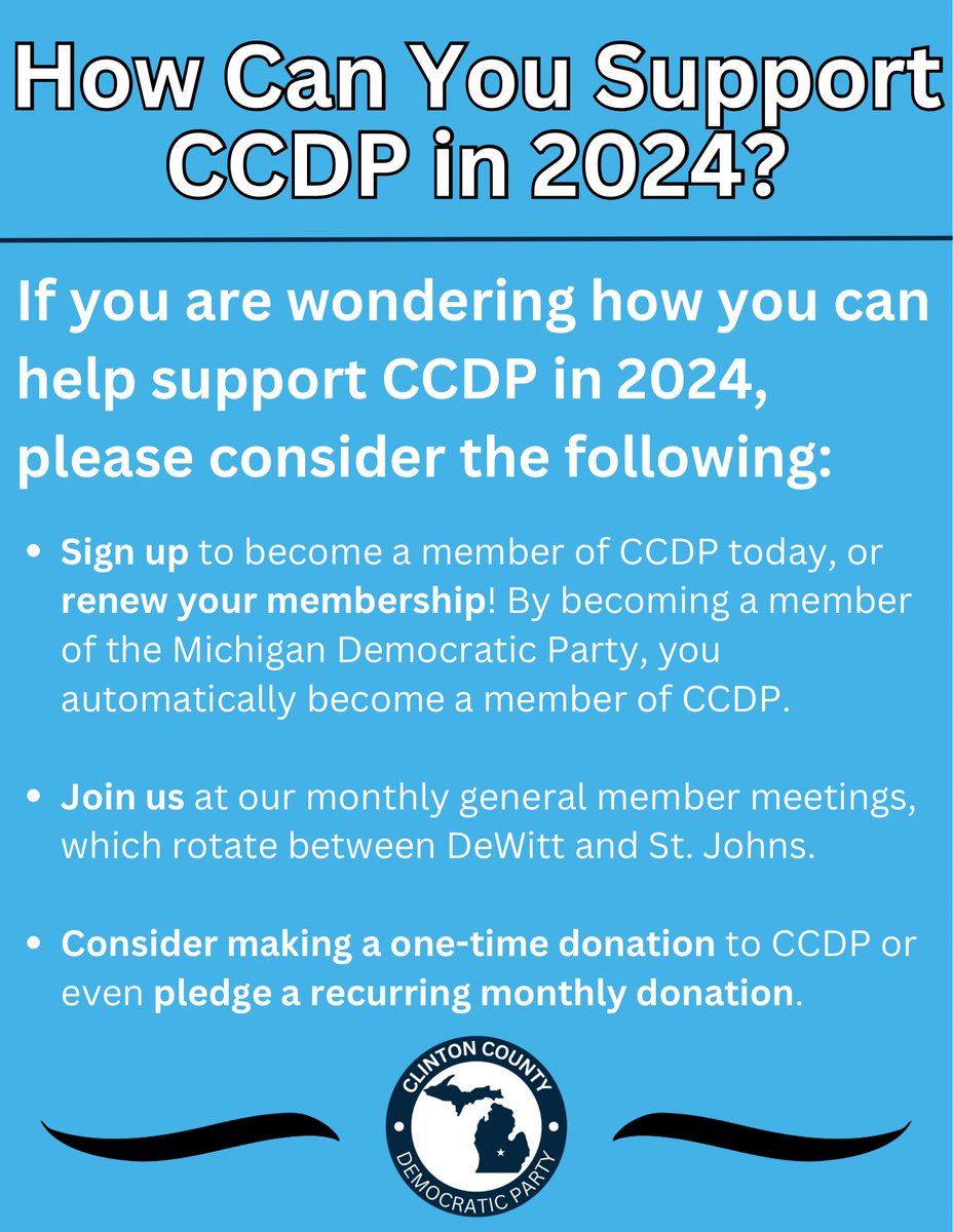There are many different ways to support CCDP in 2024:
Become a member: michigandems.com/join/
Join us at a meeting: clintoncodems.org/events
Donate to us directly: secure.actblue.com/donate/ccdempa…