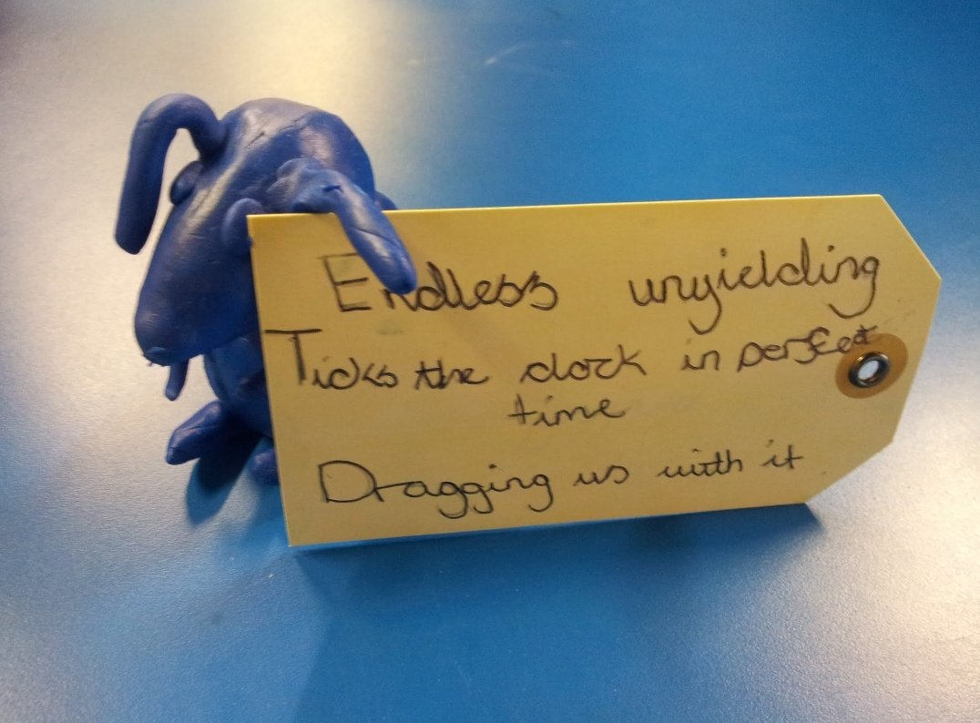 Another memory from the archives - this little nugget of a #haiku was written by a Y6 child following on from a #p4c session on #WorldBookDay back in 2015.

"Endless unyielding
Ticks the clock in perfect time
Dragging us with it"