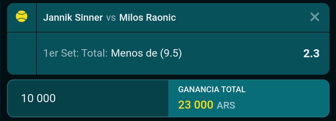 𝗔𝗣𝗨𝗘𝗦𝗧𝗔 𝗙𝗥𝗘𝗘🥎🎁
Sinner vs Raonic 1er Set Total Menos de 9.5