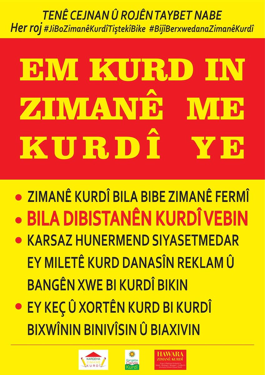 KargehaK's tweet photo. Ev KAMPANYA ye
Her dayikek û zarokek an jî her babek û zarokek videoyekê bikêşin û bêjin " Li dibistanan dersa zimanê Kurdî hilbijêre " an jî " Bi Kurdî Biaxive binivîse û bixwîne " 
Heta roja 21 ê Sibatê em 10.000 videoya bangawaziya #BiKurdîBiaxive belav bikin #ZimanêKurdî https://t.co/ySIpwD5QCO