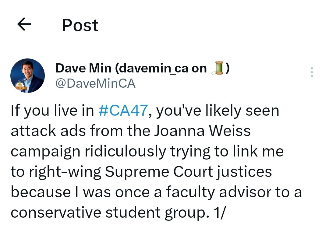 With 18 days to go until the election and thousands of votes being cast in #ca47 Dave Min's message of the day is...to remind voters he was a faculty advisor to Brett Kavanaugh's Federalist Society?