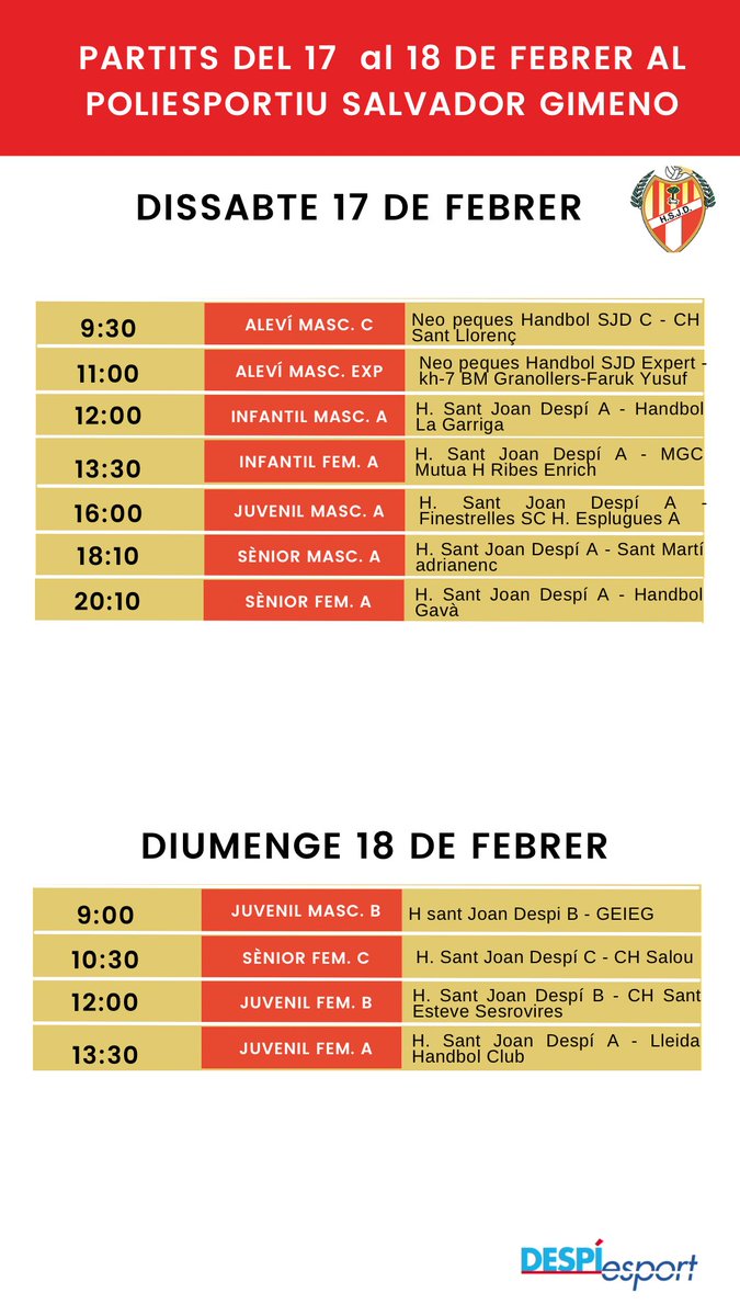 #competicio Aquests són els partits del 17 al 18 de febrer @bcsjd @fclevantelp @fcsjd_sanpa @handbolsjd #basquet #futbol #handbol #esport #santjoandespi #entitatsesportivessjd #despiesport