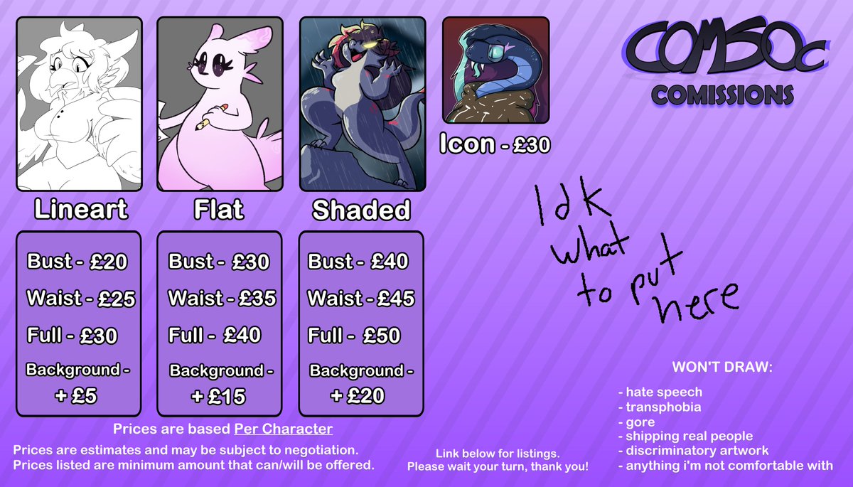 COM50c's tweet image. So it turns out I&apos;m like REALLY low on m0ney so I&apos;m opening some emergency c0mms so uhhhh here they are feel free to DM me if you want to get a c0mm (they may take a while to get done, but I&apos;ll go as fast as I can I promise &amp;lt;3)