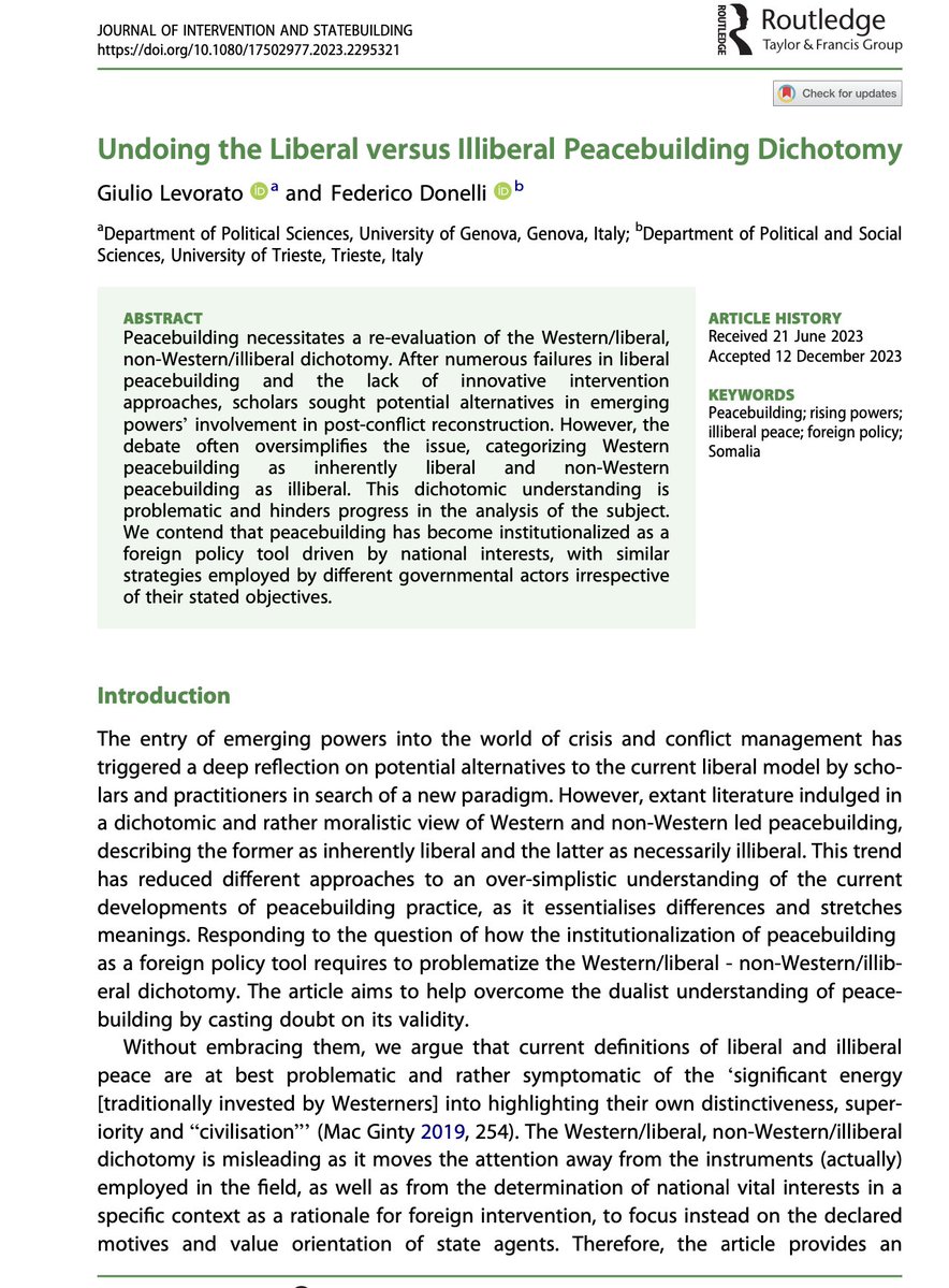 📌 Excited to share my latest #article, co-authored @GiulioLevorato Published by the Journal #Intervention and #Statebuilding , it challenges simplistic views and urges dialogue for progress in #peacebuilding. Enjoy reading!👇 tandfonline.com/doi/full/10.10… #Africa #Somalia #IR