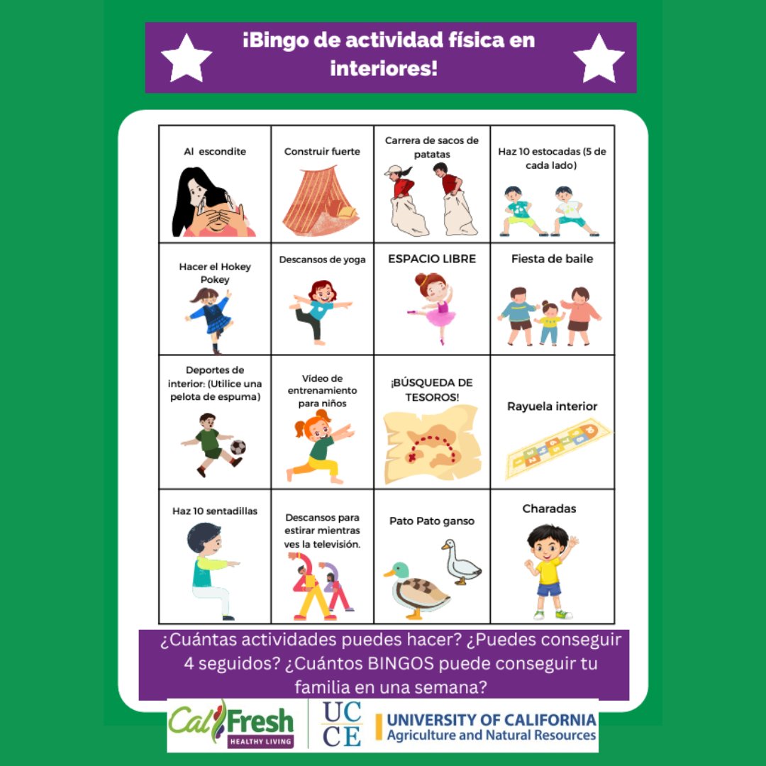 This #FamilyFunFriday let's play BINGO! Can you get 5 in a row? How many BINGOs can your family get this week?

Thank you #CalFreshHealthyLiving #UCCEPlacerNevadaCounties for sharing this fun game 💜

#HeadStart #EarlyHeadStart #EarlyLearning #EmpoweringFamilies #GetAHeadStart