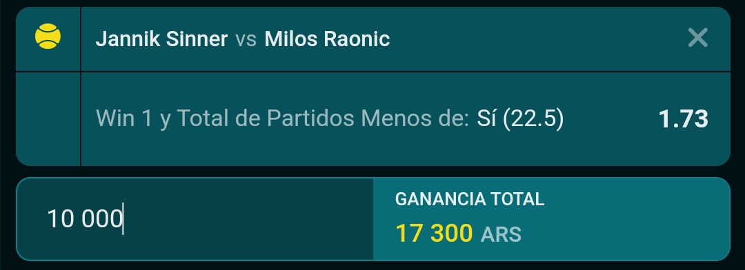 𝗔𝗣𝗨𝗘𝗦𝗧𝗔 𝗙𝗥𝗘𝗘🥎🎁
Sinner gana y menos de 22.5 Juegos