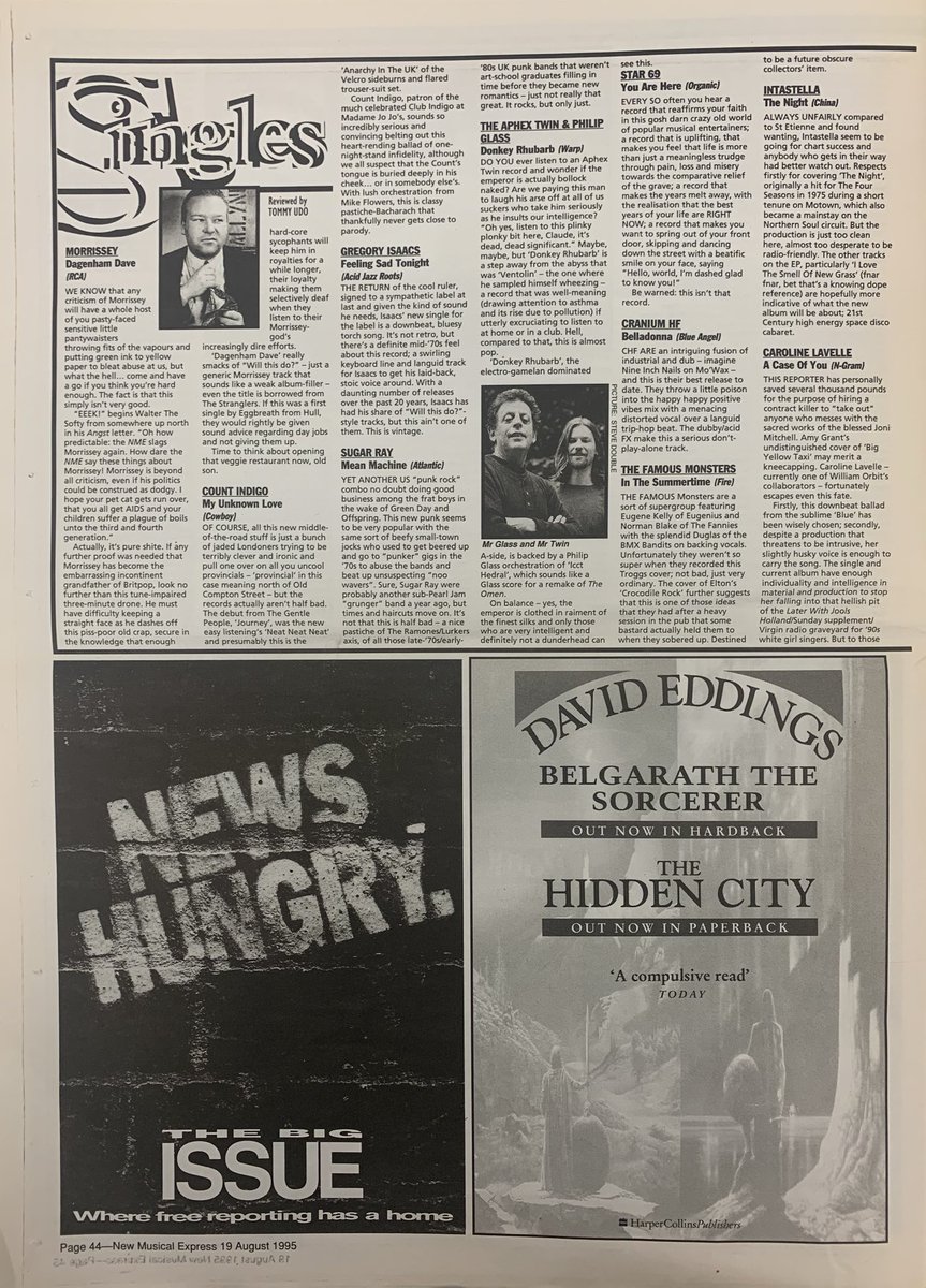 nothingelseon's tweet photo. Singles! Tommy Udo does Orbital! Morrissey! Aphex Twin and Philip Glass! Gregory Isaacs! Money Mark! Count Indigo! Spain! The Famous Monsters! Caroline Lavelle! Bang Bang Machine! Done lying Down! And more! NME, 19 August 1995. #NME #MyLifeInTheUKMusicPress #1995 https://t.co/dRxLPtHqxs