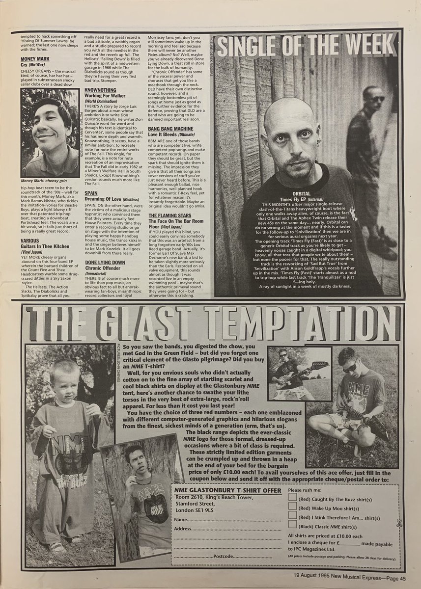 nothingelseon's tweet photo. Singles! Tommy Udo does Orbital! Morrissey! Aphex Twin and Philip Glass! Gregory Isaacs! Money Mark! Count Indigo! Spain! The Famous Monsters! Caroline Lavelle! Bang Bang Machine! Done lying Down! And more! NME, 19 August 1995. #NME #MyLifeInTheUKMusicPress #1995 https://t.co/dRxLPtHqxs