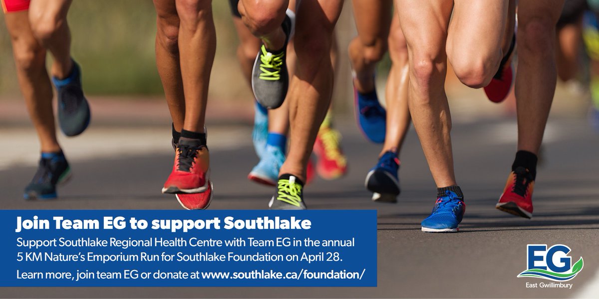 townofeg's tweet photo. Hey #EG, let's get active together! Join #TeamEG in support for Southlake Regional Health Centre in the annual 5 KM Nature’s Emporium Run for Southlake Foundation. Join us on April 28 at https://t.co/EJ3kx1CTHJ 👟 https://t.co/e7xrqnayBL