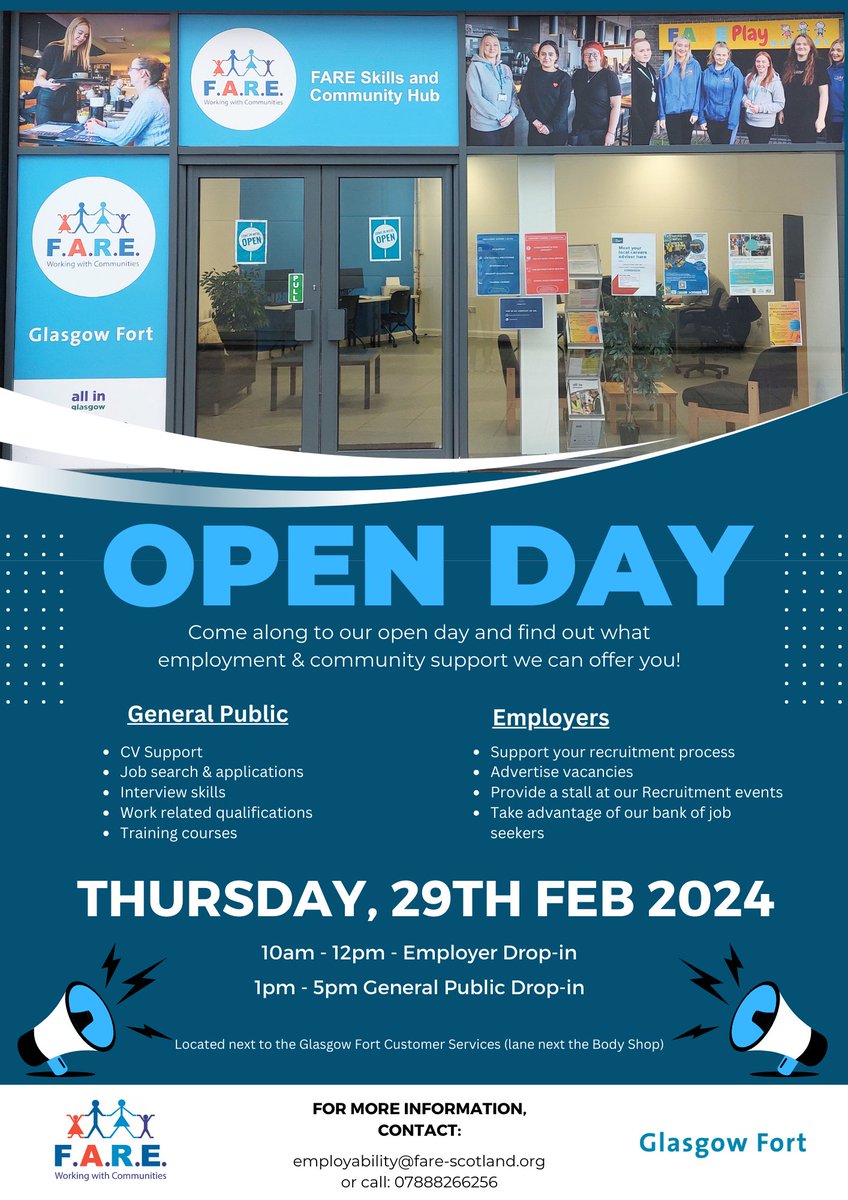 We're excited to unveil the newly refurbished FARE Skills & Community Hub at the centre. FARE will be holding an Open Day on 1-5pm Thursday 29 February, where you can drop in to find out about the free community and employment support they offer. glasgowfort.com/community/fare…