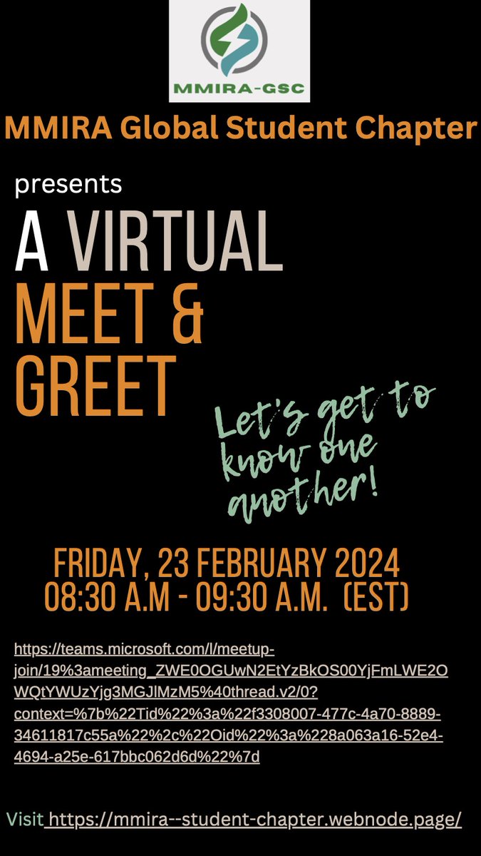 @MMIRAssociation GSC invites STUDENTS to a virtual MEET & GREET session Friday, Feb 23 @ 8:30 AM EST. Go to mmira--student-chapter.webnode.page to access link 😜👇😎