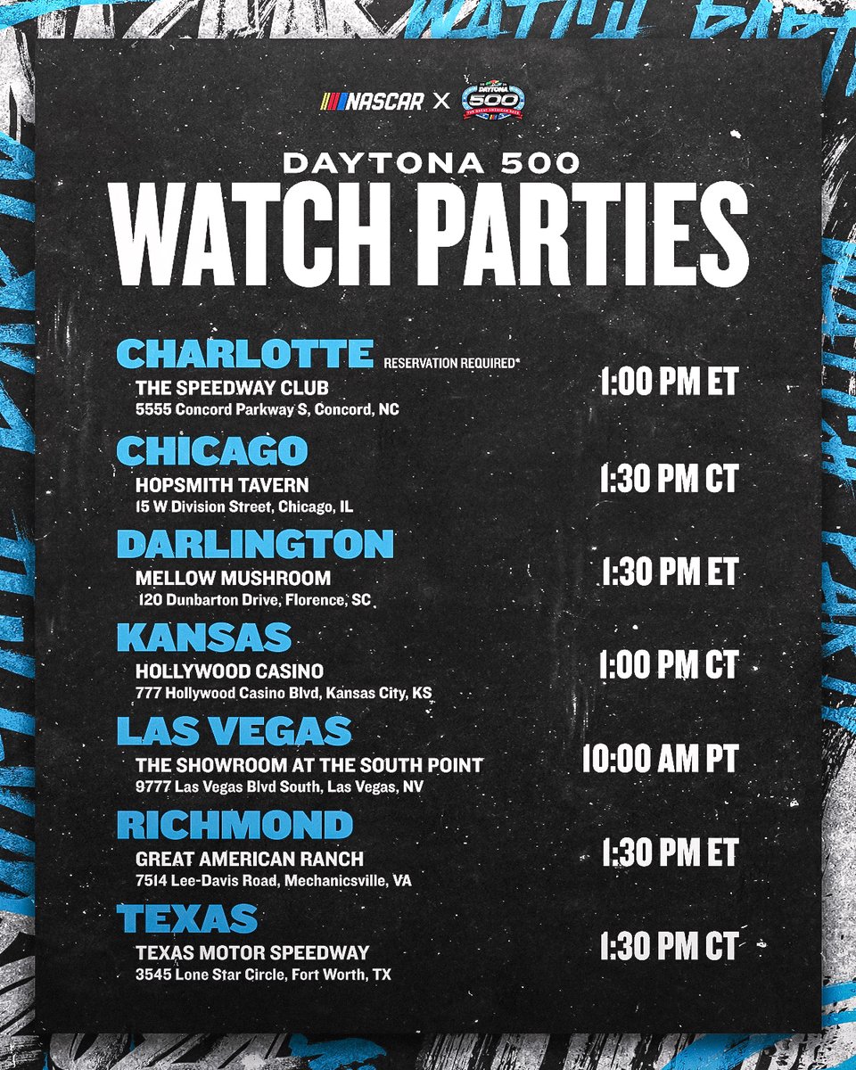 Can't make it to @DAYTONA but want to watch the Great American Race with fellow NASCAR fans? Head on out to one of these Watch Parties across the country tomorrow, February 18! #DAYTONA500