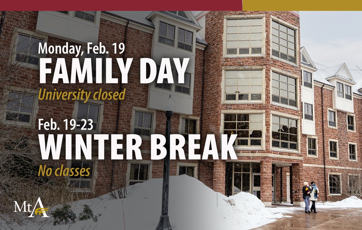 Happy long weekend, #MtAllison!

Feb. 19 — Family Day (University closed)
Feb. 19-23 — Winter Study Break (no classes)