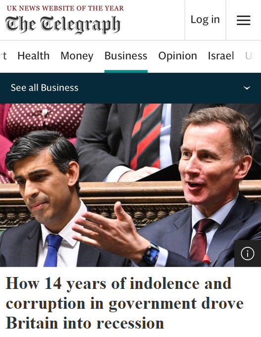 Shock from Telegraph:
How 14 years of indolence and corruption in government drove Britain into recession (or #Rishession) David Cameron, Theresa May, Boris Johnson, Liz Truss, Rishi Sunak  #ToryCorruption #ToryChaos #ToryMoneyLaundering #ToryFraud #ToryLies #TroyPromises