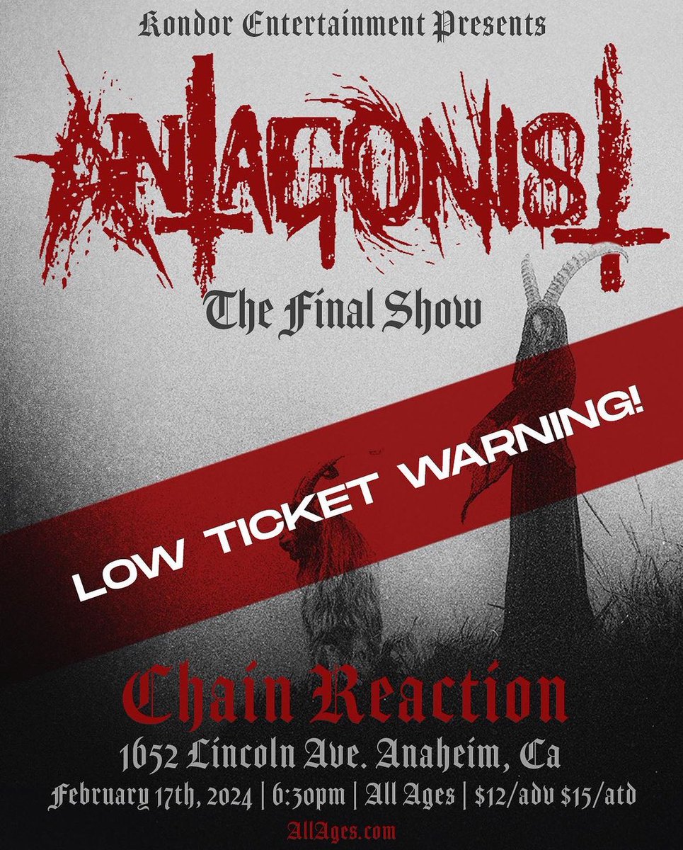 Tomorrow! Catch us at Antagonist’s final show! There’s only a few tickets left, grab yours while you can! 

allages.com/event/antagoni…
 
#metal #metalshow #chainreaction #thrashmetal #metalcore #deathmetal #metalmusic #livemusic #heavymetal #metalhead #newmetal #diabology