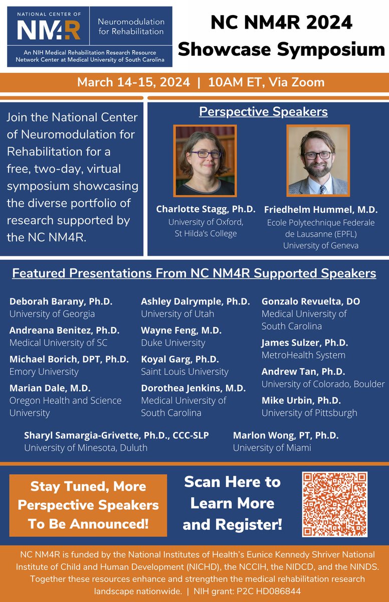 SPEAKERS ANNOUNCED: The NC NM4R 2024 Showcase Symposium will be held from on March 14-15, 2024 and will showcase the diverse portfolio of research supported by the NC NM4R. View the speaker list below and visit our website to learn more and register! chp.musc.edu/research/cente…