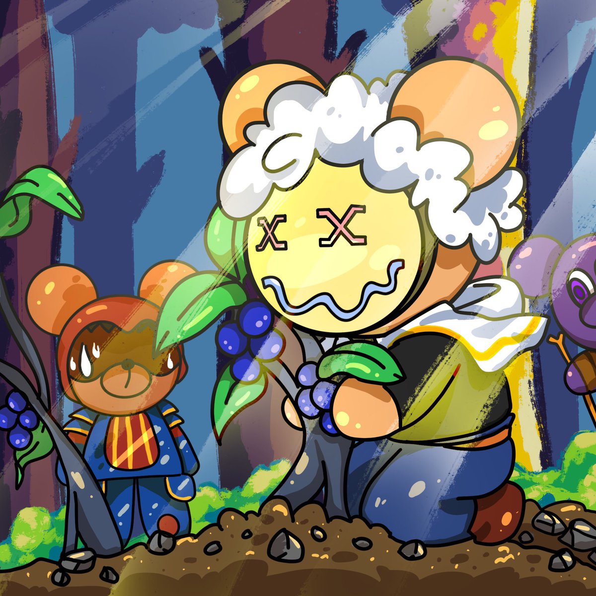 Assassin-Kuma and Kazu the merchant watch in fear as Smil-Kuma devourers the secret stash of blueberries!🐻🫐
Artwork by: <a href="/smilwitme/">smīl</a>

#KryptoKumas #Kuma #Fanarts