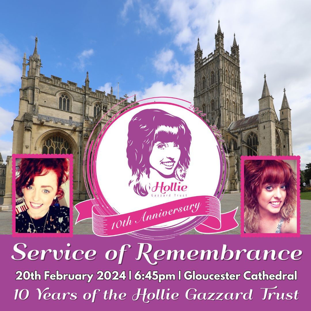 💜 Service of Remembrance 💜 The Service of Remembrance takes place this Tuesday 20th February from 6:45pm @GloucesterCathedral. The service is to remember Hollie 10 years on from her tragic death, and to remember all others tragically affected by #domesticabuse and #knifecrime.