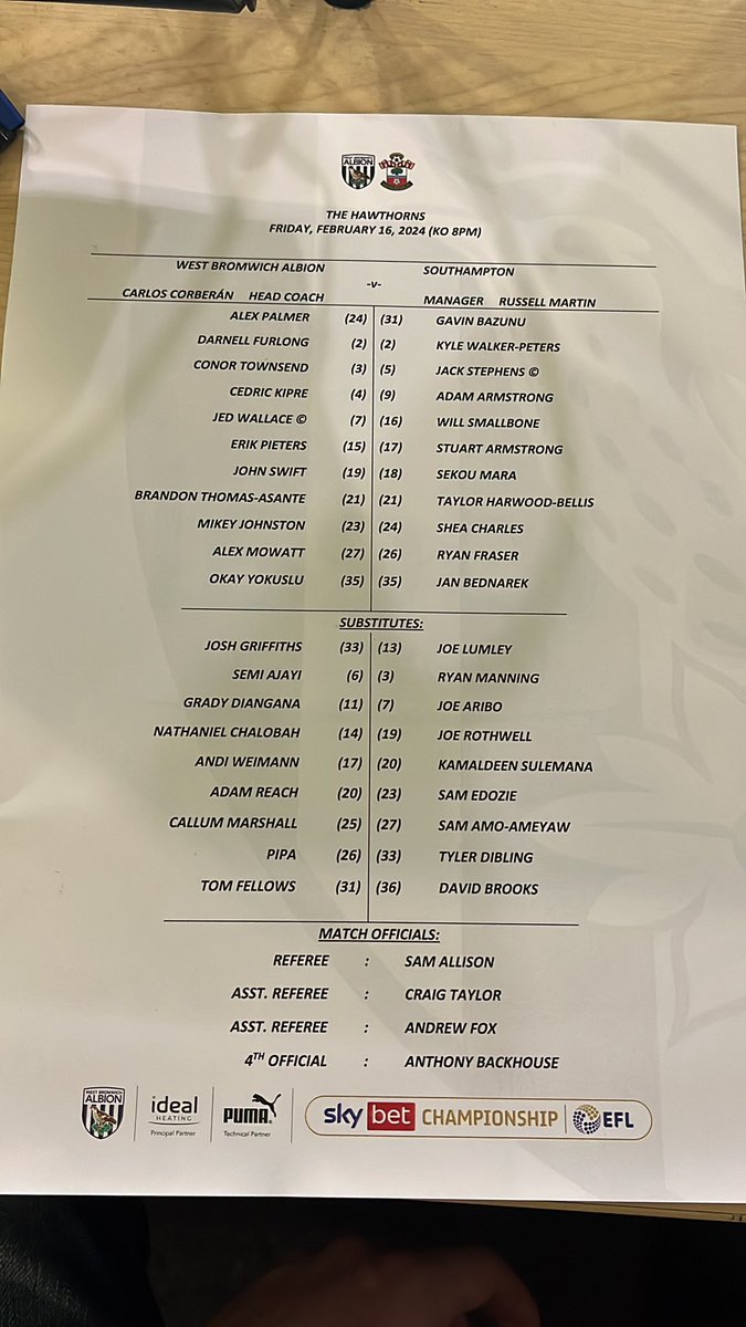 CalpatersonLive's tweet photo. 📝Just the ONE change for @WBA tonight, while @SouthamptonFC make FOUR
⬆️🔵⚪️Jed Wallace
⬇️🔵⚪️Tom Fellows
⬆️🔴⚪️Jack Stephens, Stuart Armstrong, Sekou Mara, Ryan Fraser
⬇️🔴⚪️Sam Edozie, David Brooks, Joe Rothwell, Ryan Manning
#EFL #WBASOT https://t.co/i4Zsa1osgB