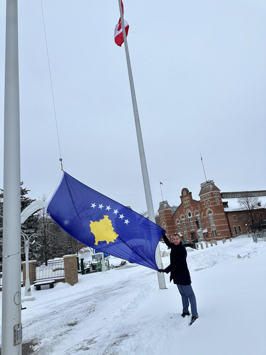 Adriatik_K's tweet photo. In a very cold weather but heartwarming occasion of the 16th anniversary of independence&amp; 15 years of 🇽🇰🤝🇨🇦 diplomatic relations, we had the honour to raise the flag at the premises of @ottawacity in recognition of these milestones. 
Thankful to Mayor @_MarkSutcliffe &amp; his team. https://t.co/VVTbsldblf