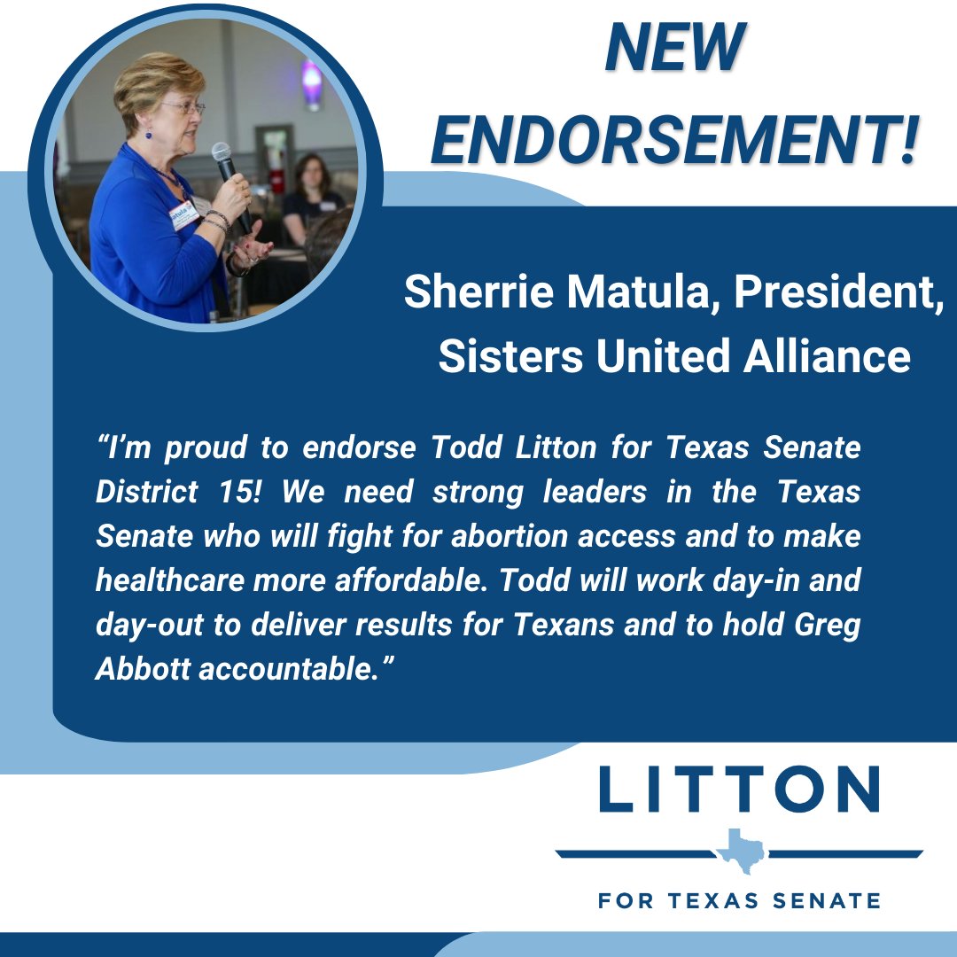 I'm honored to have the endorsement of Sherrie Matula who has been leading @UnitedSua since its founding in 2015! Along with her work with Sisters United Alliance Sherries is a fierce Political Activist for Women’s Rights. #Txlege